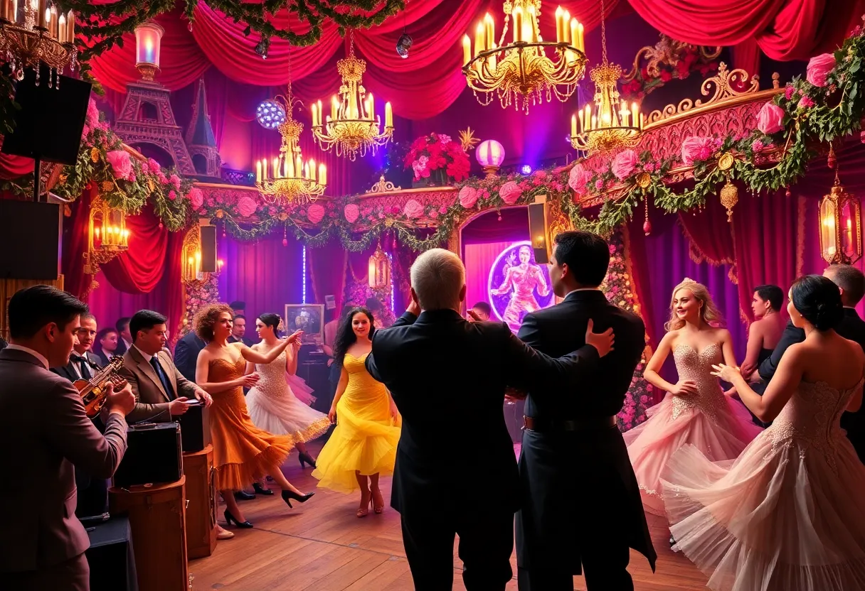 A lively performance at a Parisian cabaret with dancers and musicians.