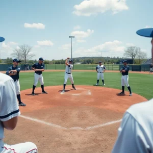 Baseball team practicing at a university field