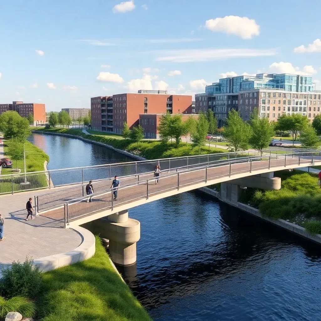 Proposed pedestrian bridge over water with people walking.