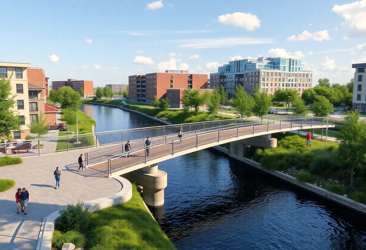 Proposed pedestrian bridge over water with people walking.