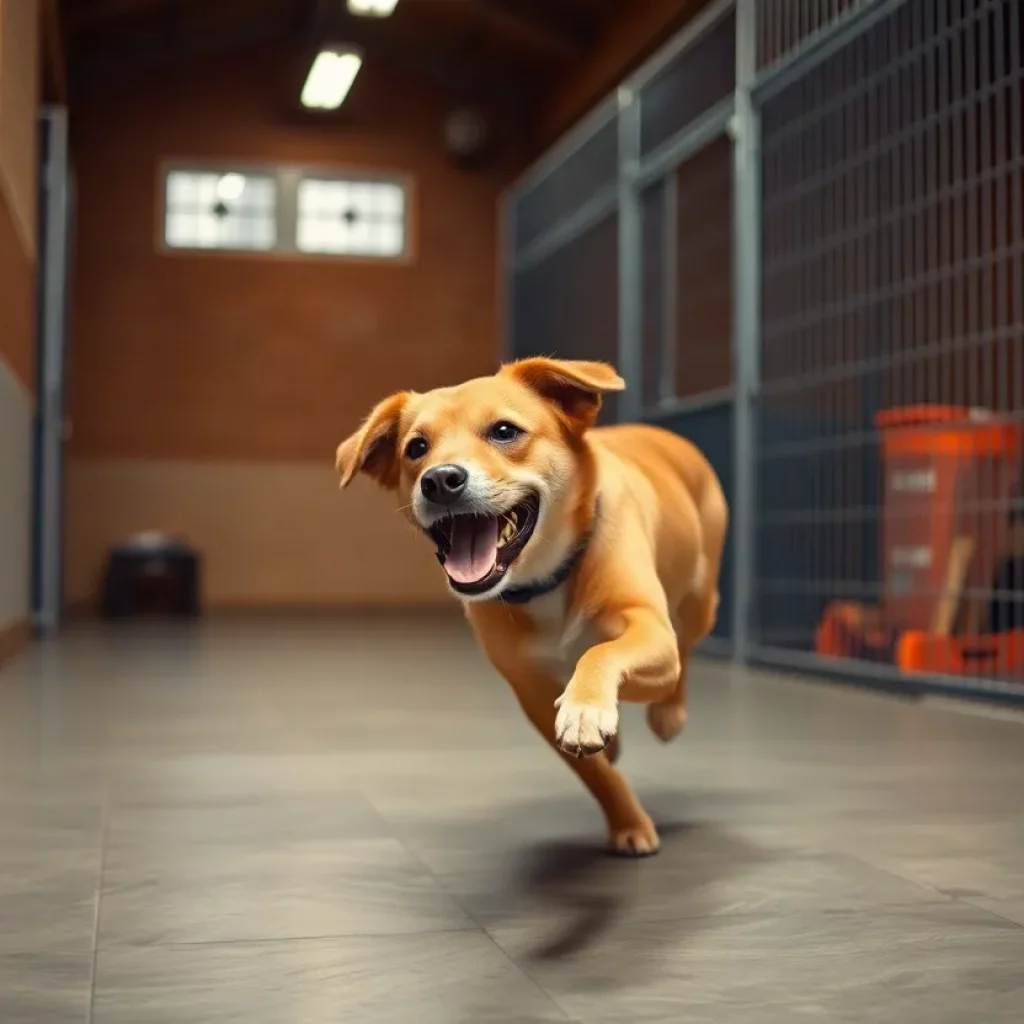 Happy rescued dog playing in a shelter environment