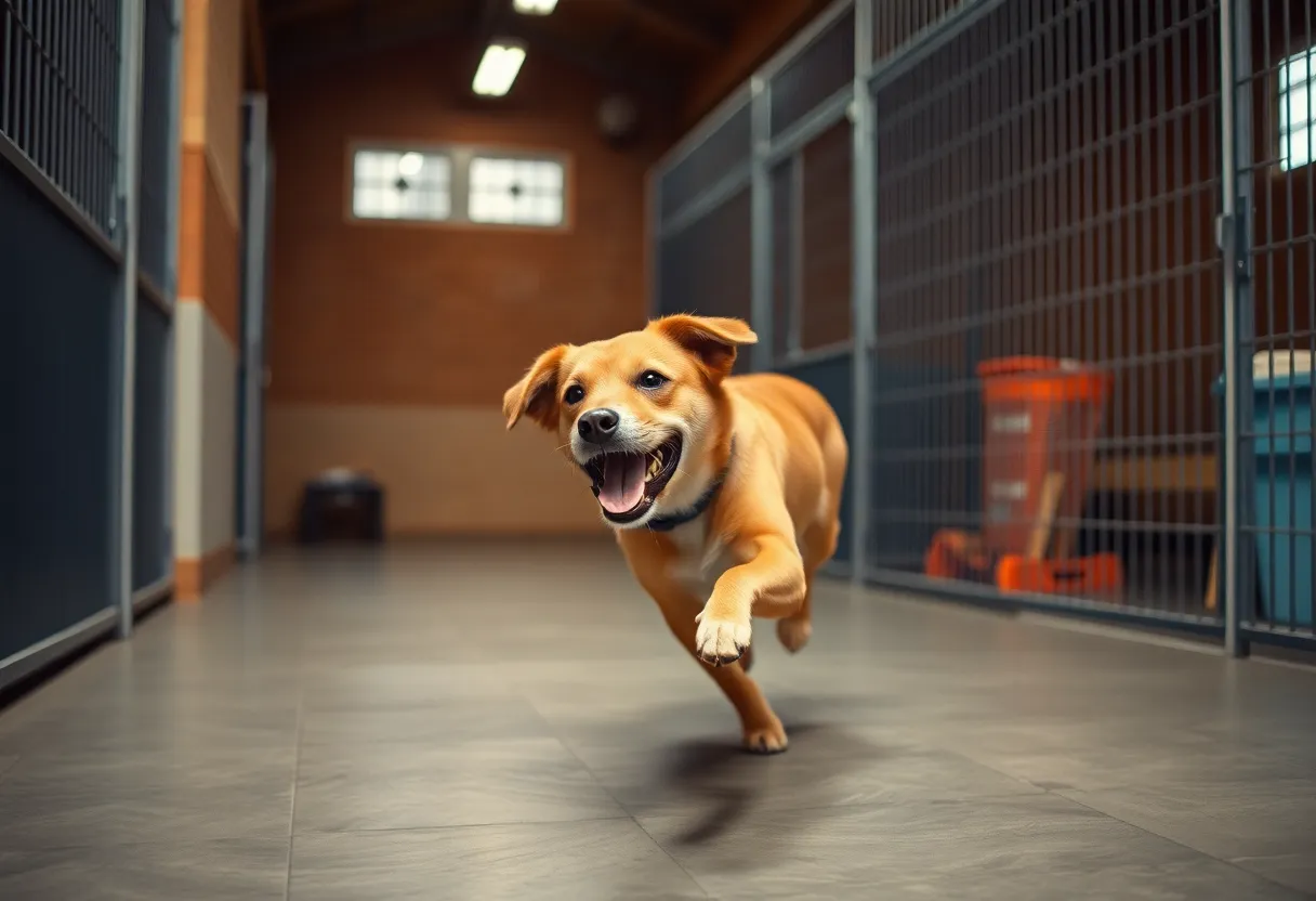 Happy rescued dog playing in a shelter environment