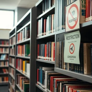 A sign marking a restricted section in a school library with various books visible.