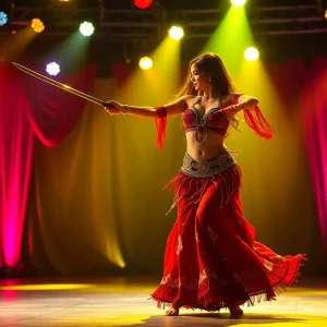 Dynamic belly dancer performing sword dance on stage.