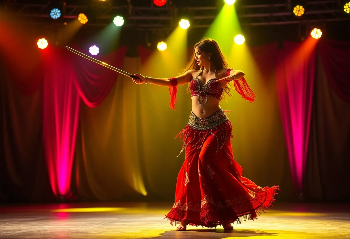 Dynamic belly dancer performing sword dance on stage.