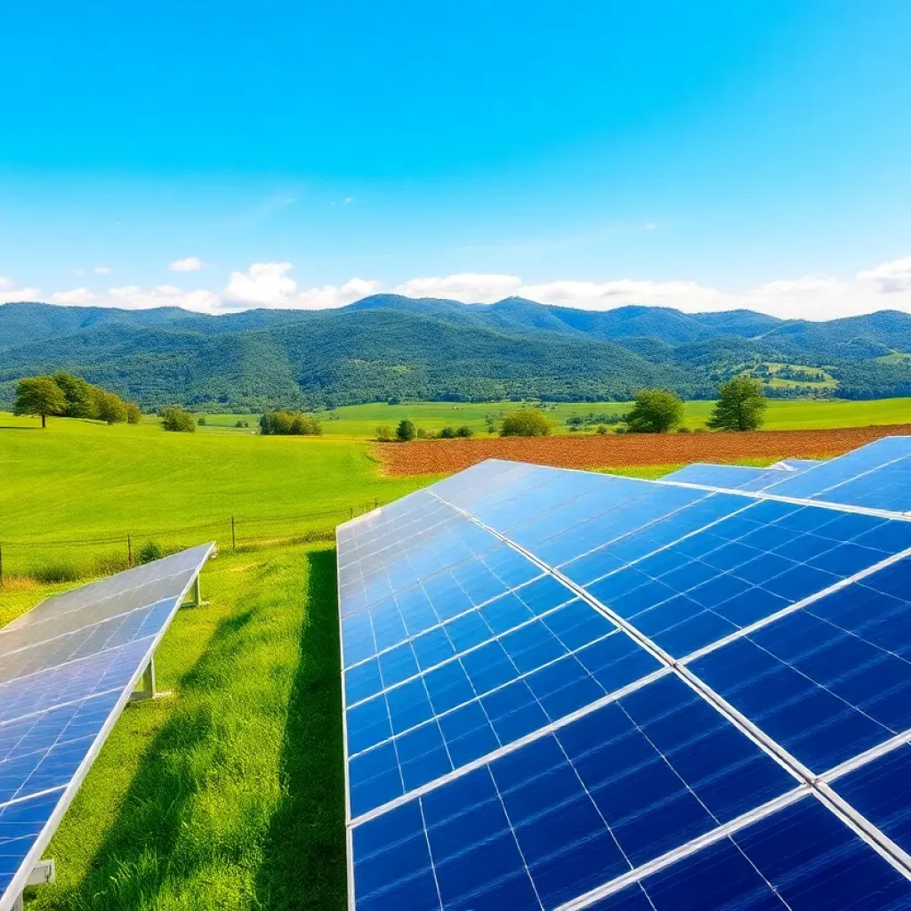 Solar power panels in a green landscape in Blount County, Tennessee.