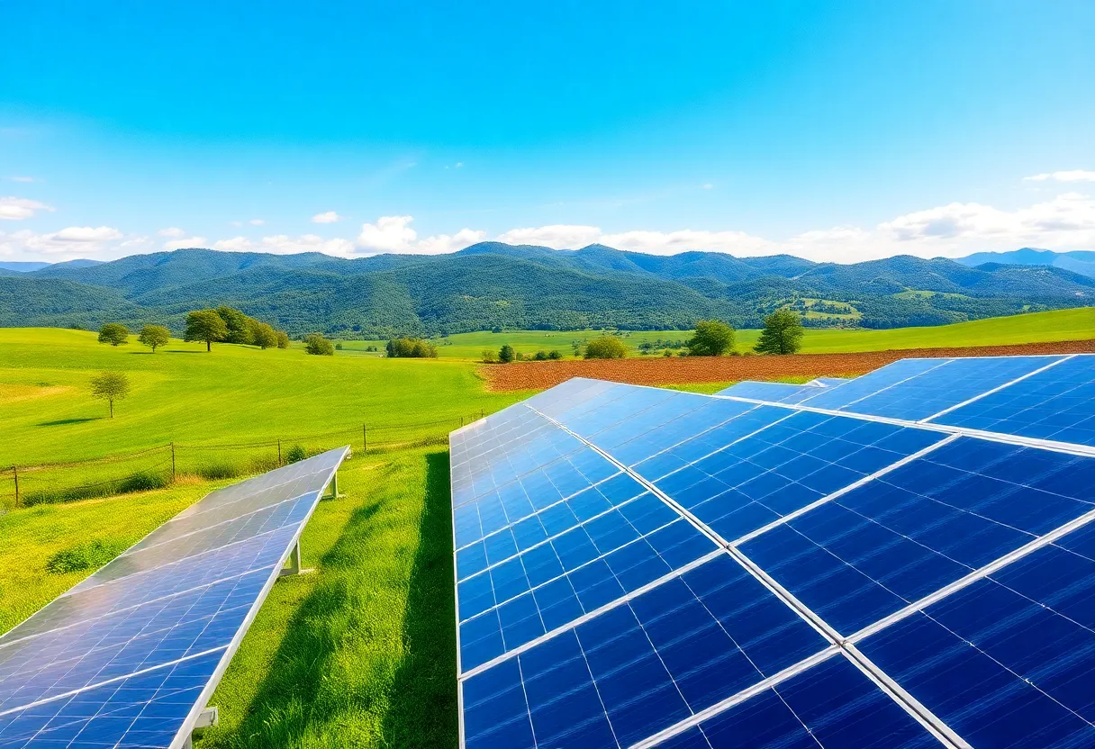 Solar power panels in a green landscape in Blount County, Tennessee.