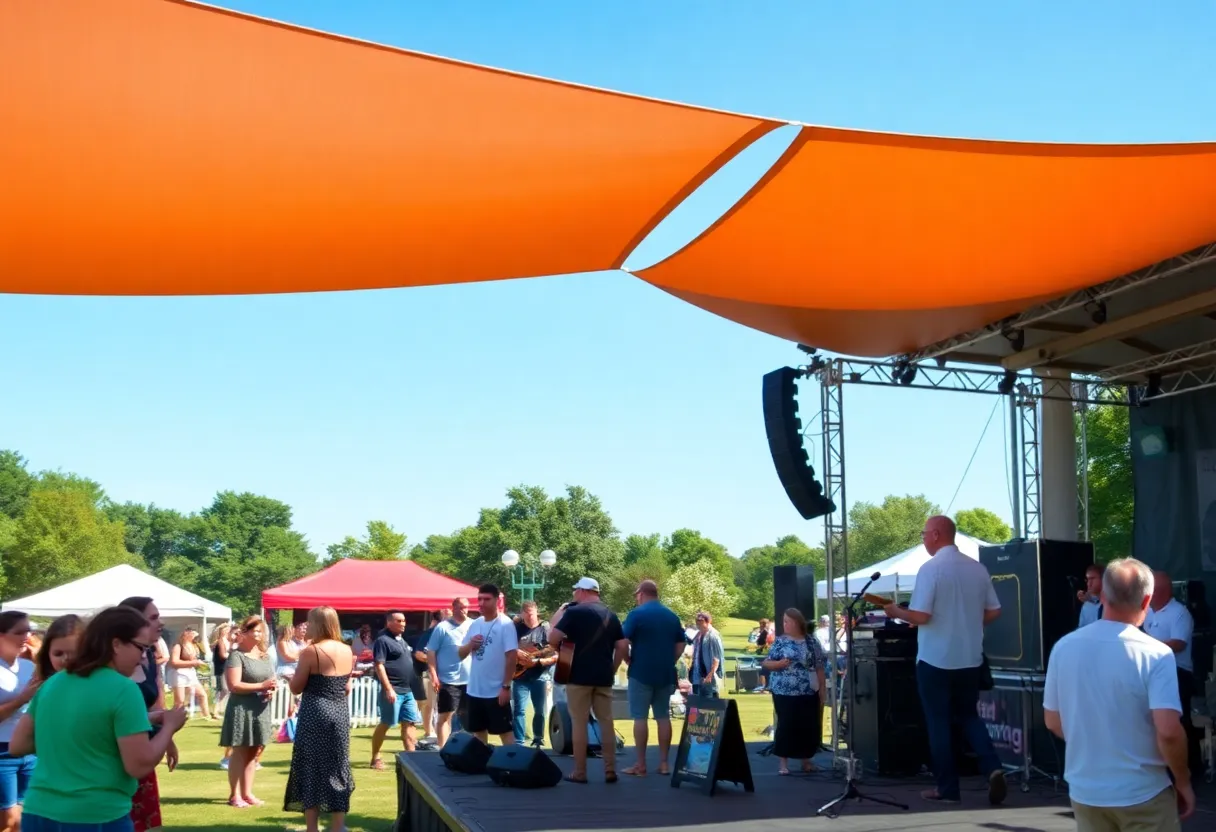 Festival scene at Southern Skies Music Festival with live performances and attendees enjoying whiskey tastings.
