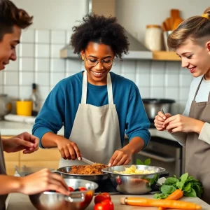 Teens participating in culinary mentorship program cooking in a kitchen