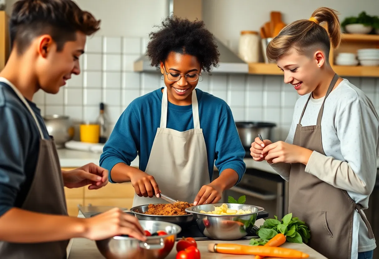 Teens participating in culinary mentorship program cooking in a kitchen