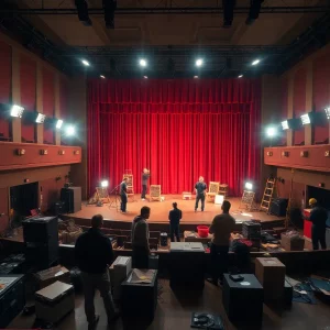 Stagehands setting up in the Tennessee Theatre