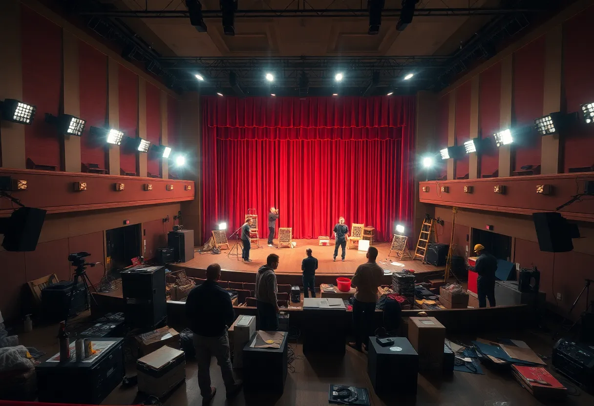Stagehands setting up in the Tennessee Theatre