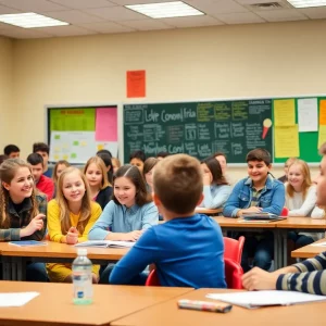Students participating in a trivia competition at Powell High School.