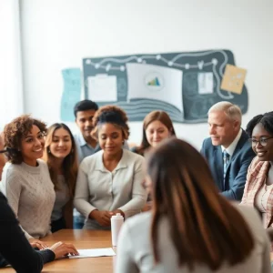Diverse individuals engaging in a discussion about education and community unity.