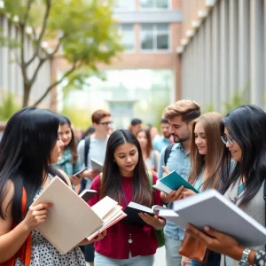 Diverse university students engaging in academic discussions on campus