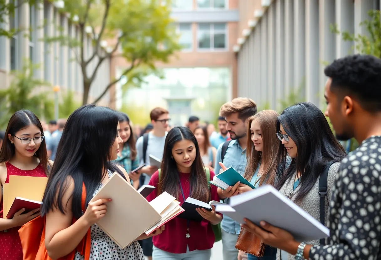 Diverse university students engaging in academic discussions on campus