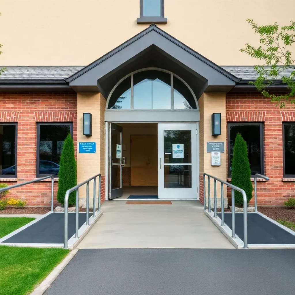 Entrance to a church showcasing accessibility features for individuals with disabilities.