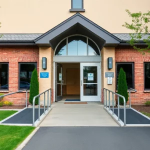 Entrance to a church showcasing accessibility features for individuals with disabilities.