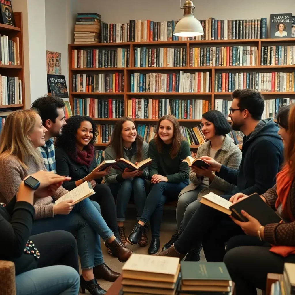 Participants of the Banned Book Club discussing literature in a bookstore