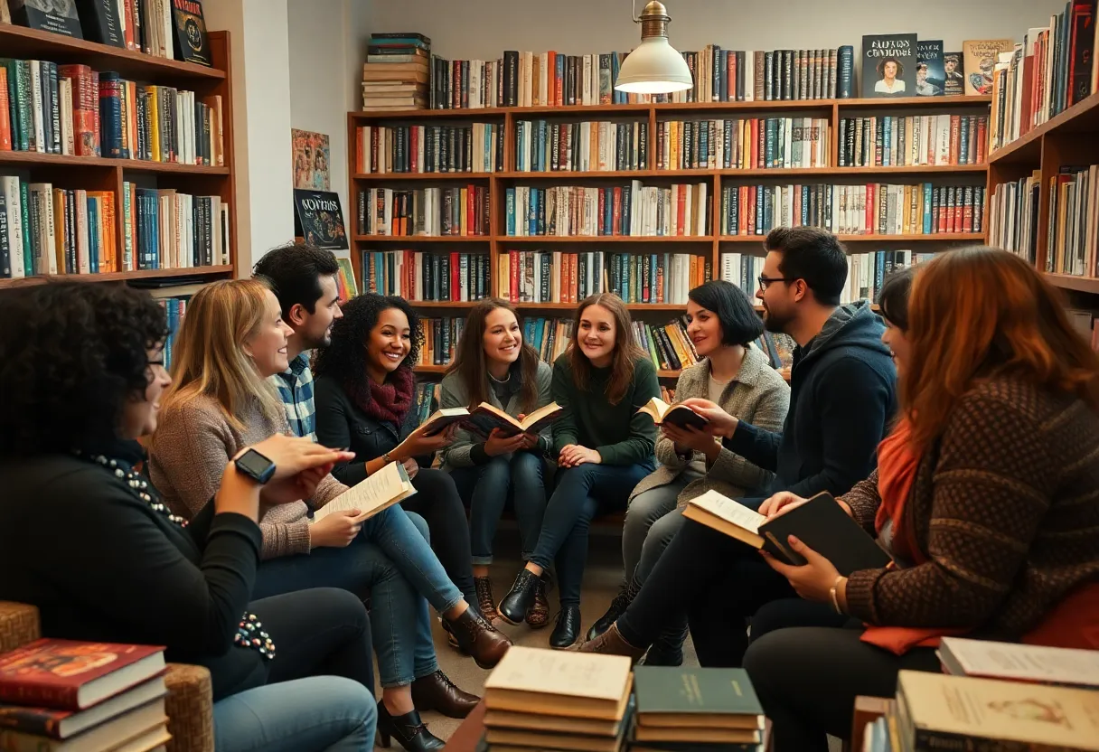 Participants of the Banned Book Club discussing literature in a bookstore
