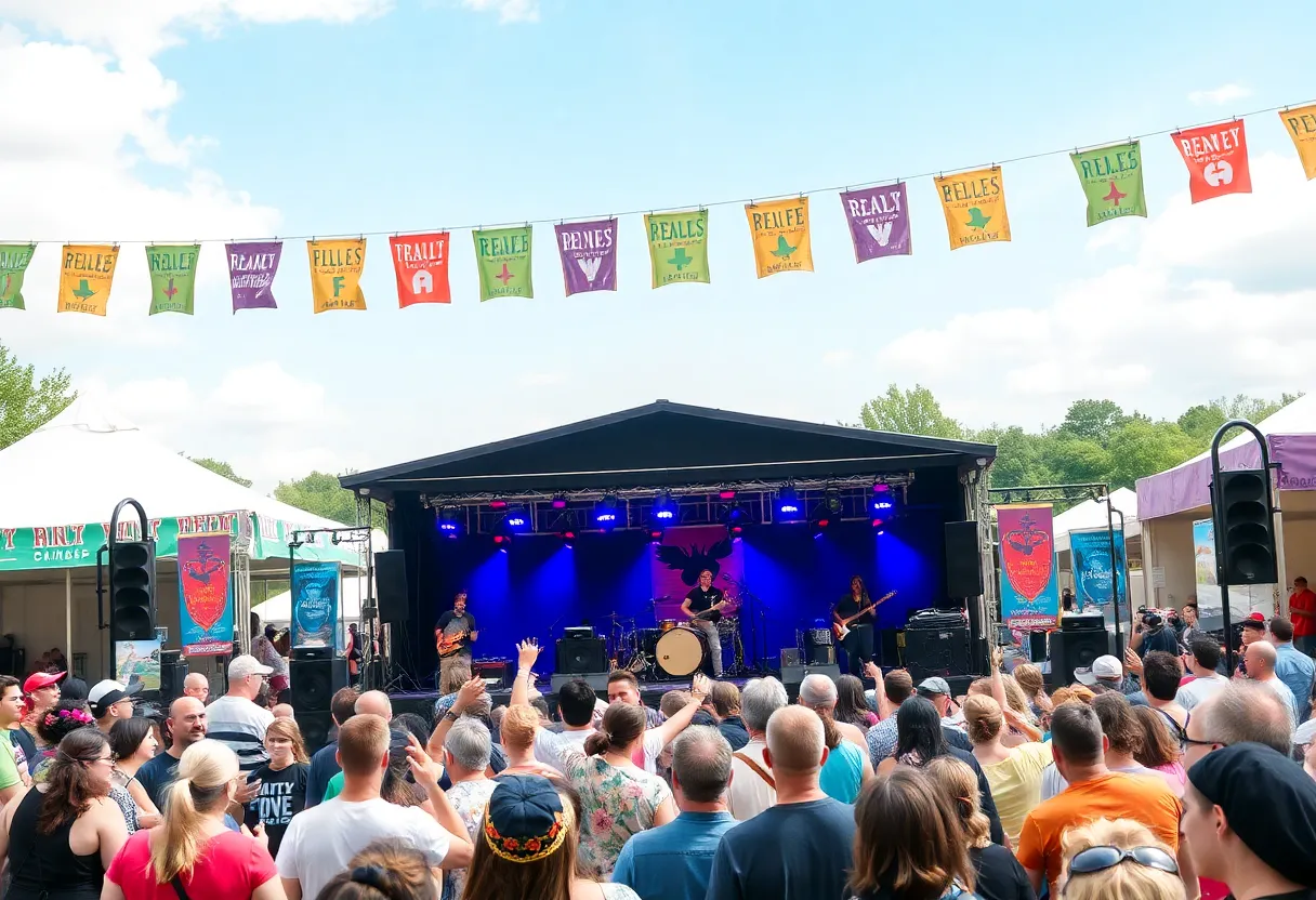 A lively atmosphere at the Big Ears Festival in Knoxville with musicians performing.