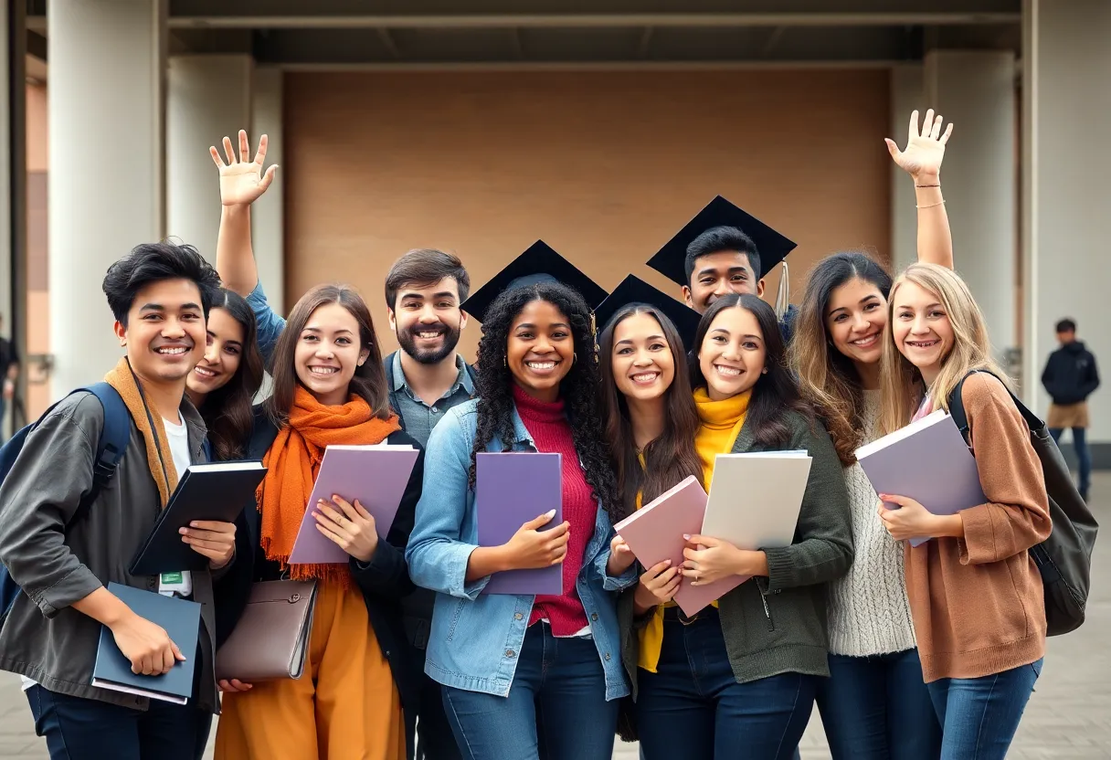 Group of students celebrating their achievements on campus
