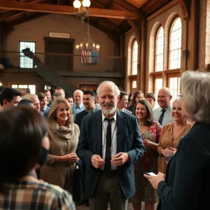 Community members gathering to celebrate the retirement of a local journalist in a historic setting.