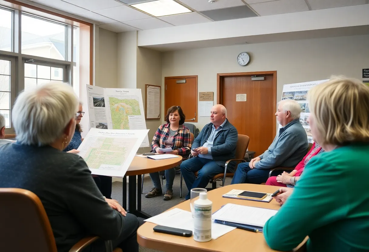 Residents discussing zoning plans at a community meeting.