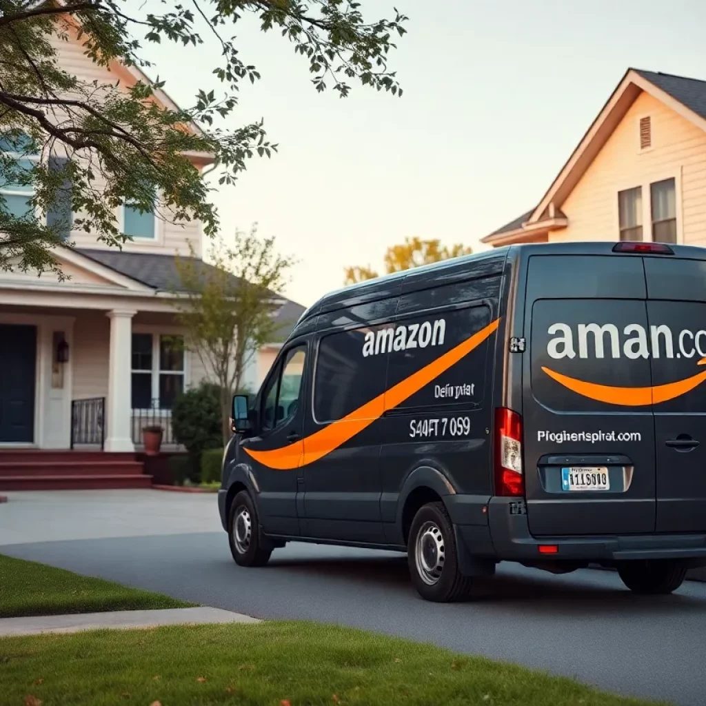 Amazon delivery driver in front of a house
