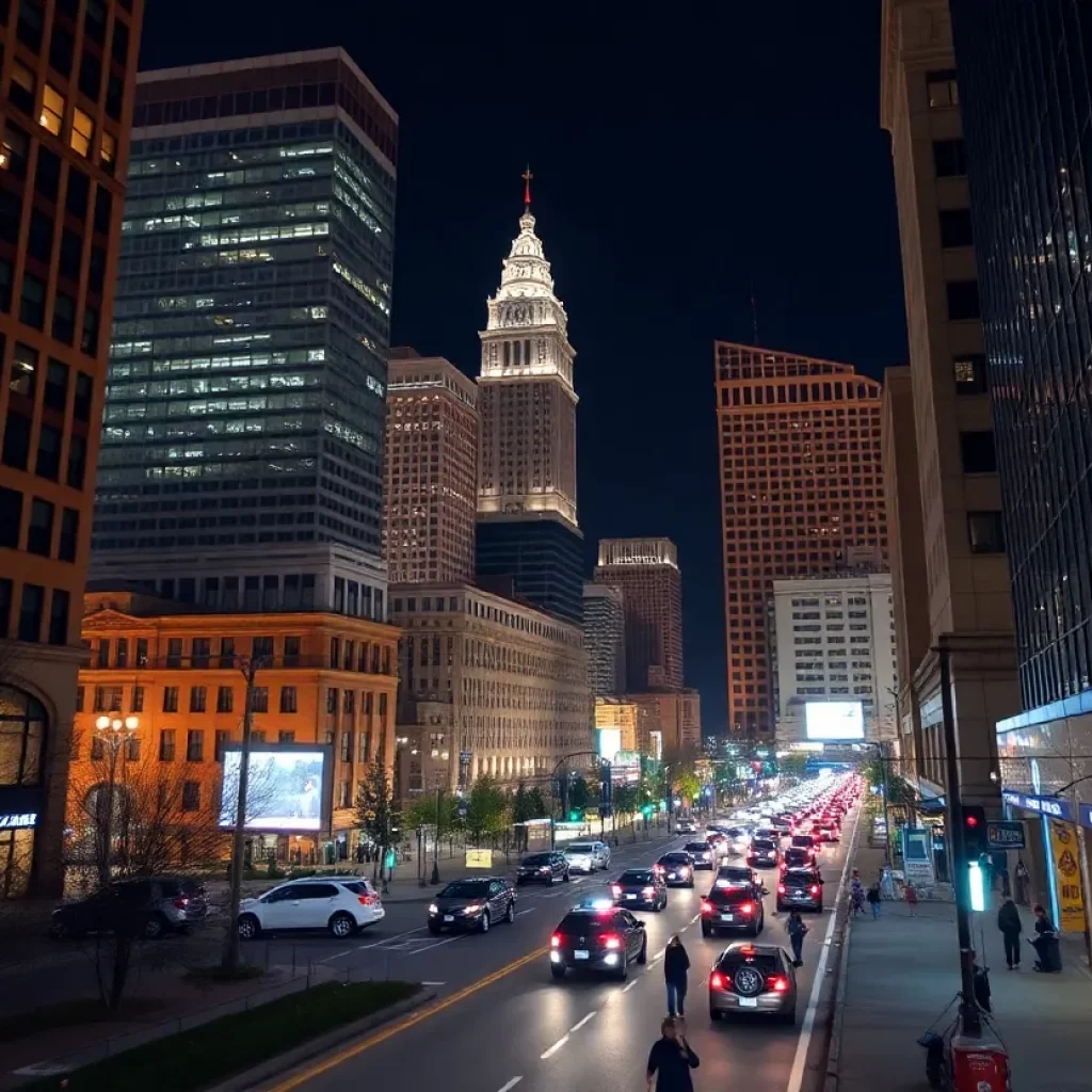 Night view of downtown Knoxville featuring noise cameras