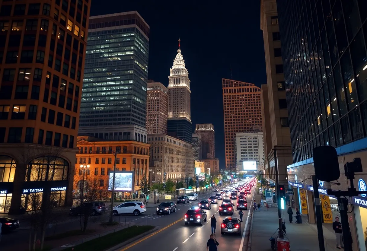 Night view of downtown Knoxville featuring noise cameras
