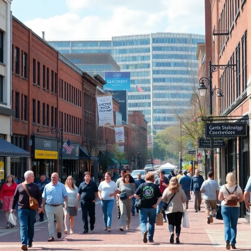 A busy scene in downtown Knoxville filled with pedestrians and shops, representing community safety efforts.