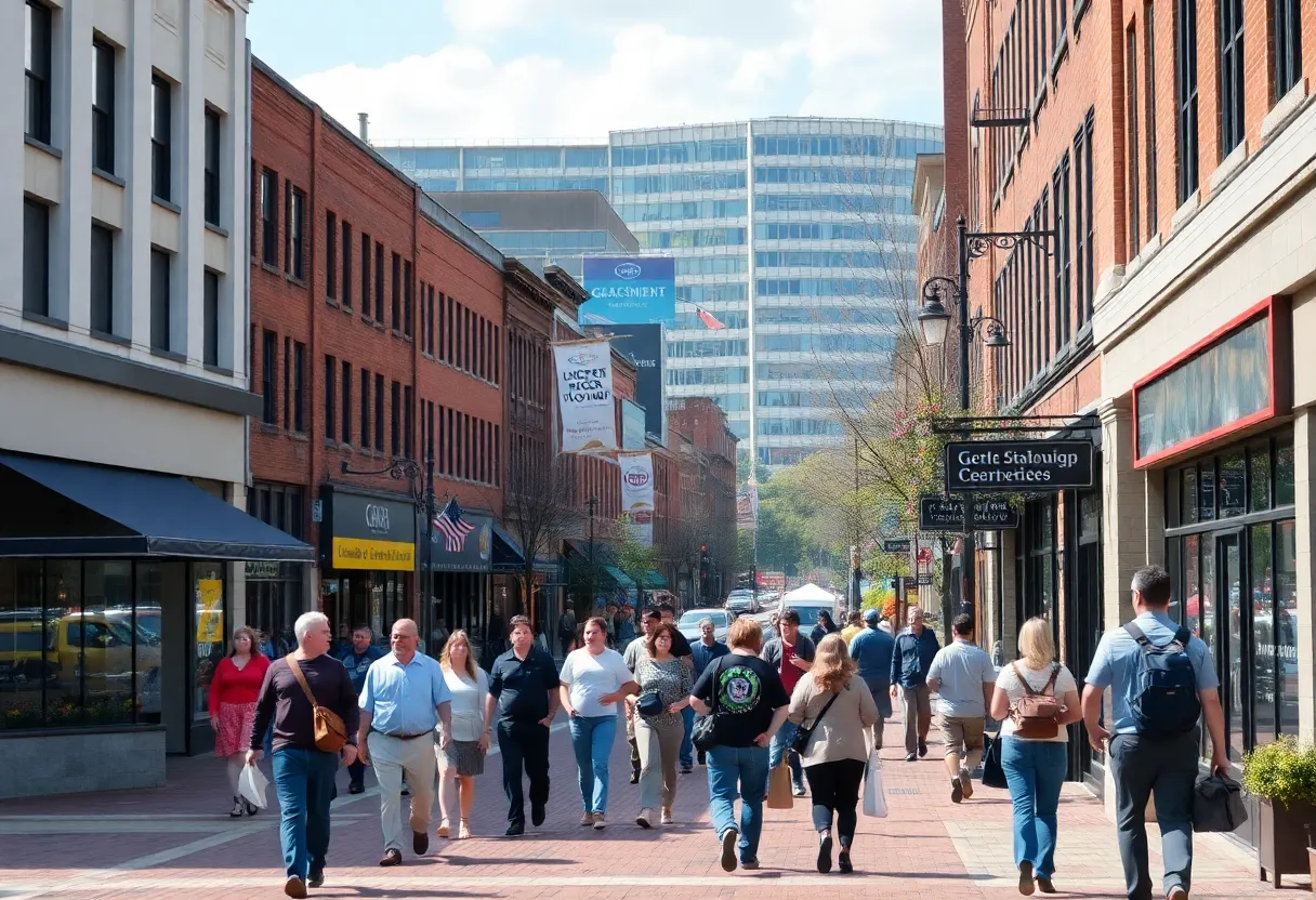 A busy scene in downtown Knoxville filled with pedestrians and shops, representing community safety efforts.