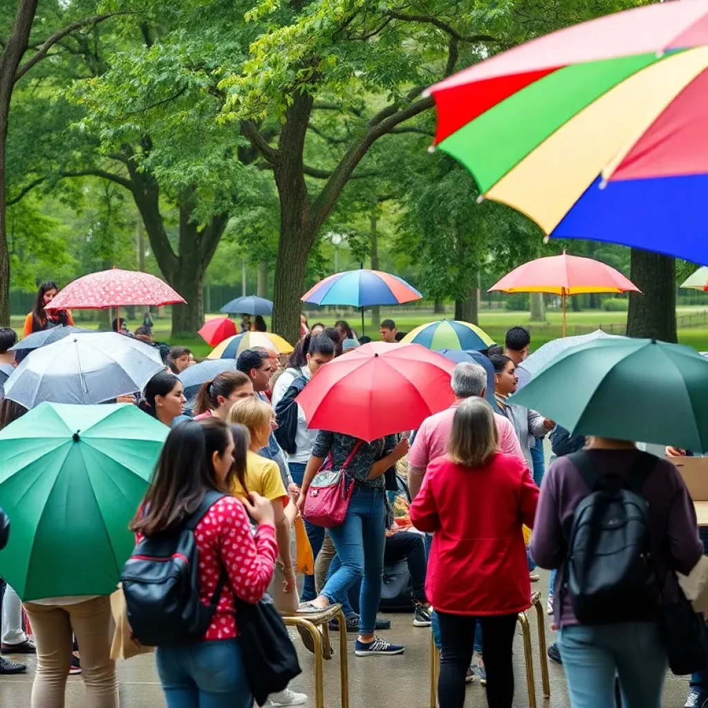 Community members and families enjoying Fountain City Day amidst rainy weather