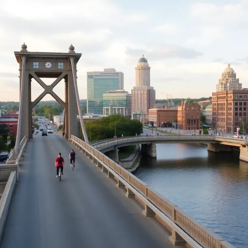 Pedestrians and cyclists on Gay Street Bridge over the Tennessee River in Knoxville