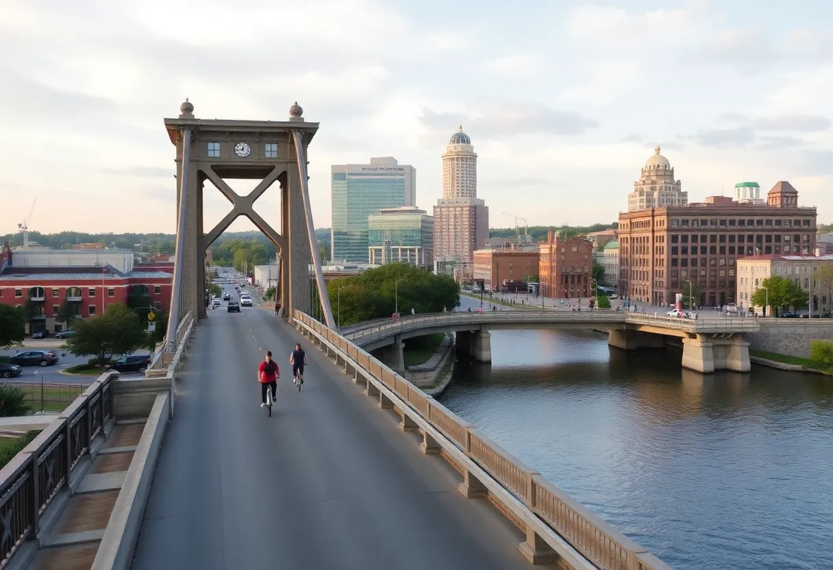 Pedestrians and cyclists on Gay Street Bridge over the Tennessee River in Knoxville