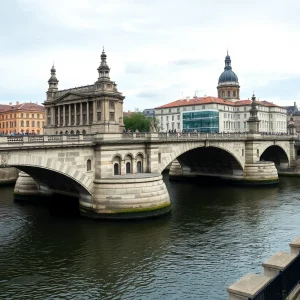 Historic Gay Street Bridge in Knoxville under repair with pedestrians nearby.