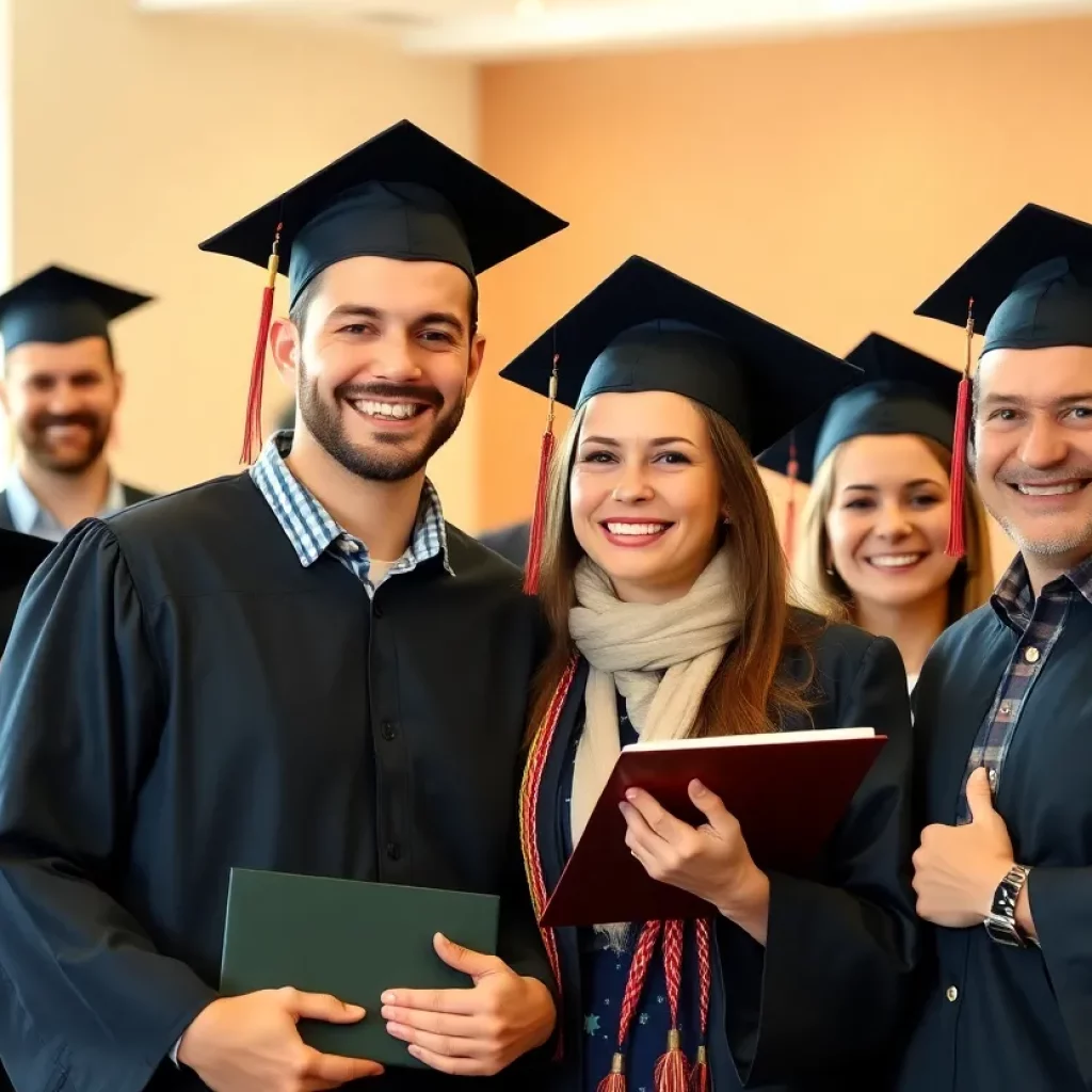 Graduation celebration for a couple with caps and diplomas.