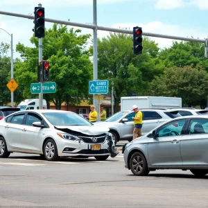 Emergency responders at a three-vehicle collision site in Knoxville