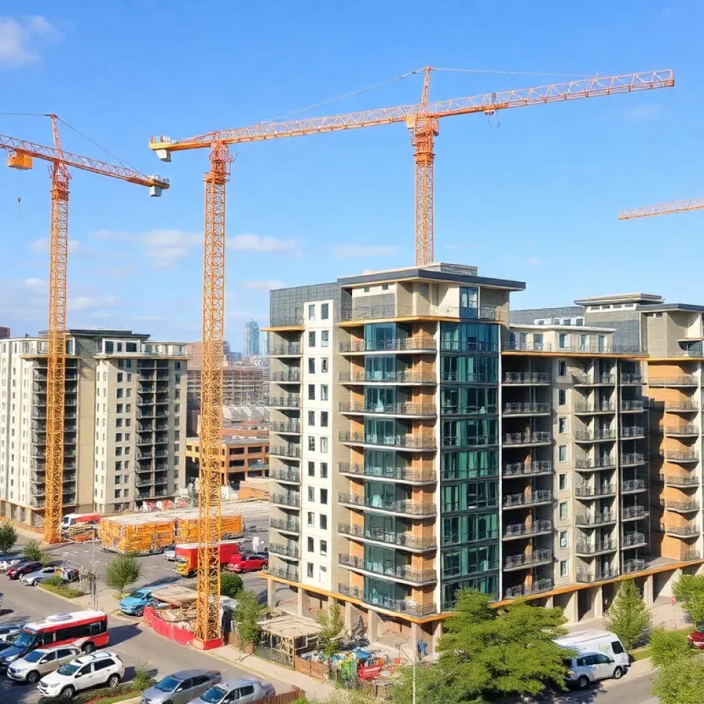 Construction site in Knoxville with cranes and workers building residential properties.