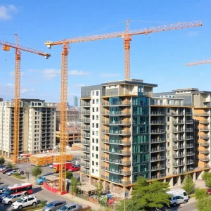 Construction site in Knoxville with cranes and workers building residential properties.
