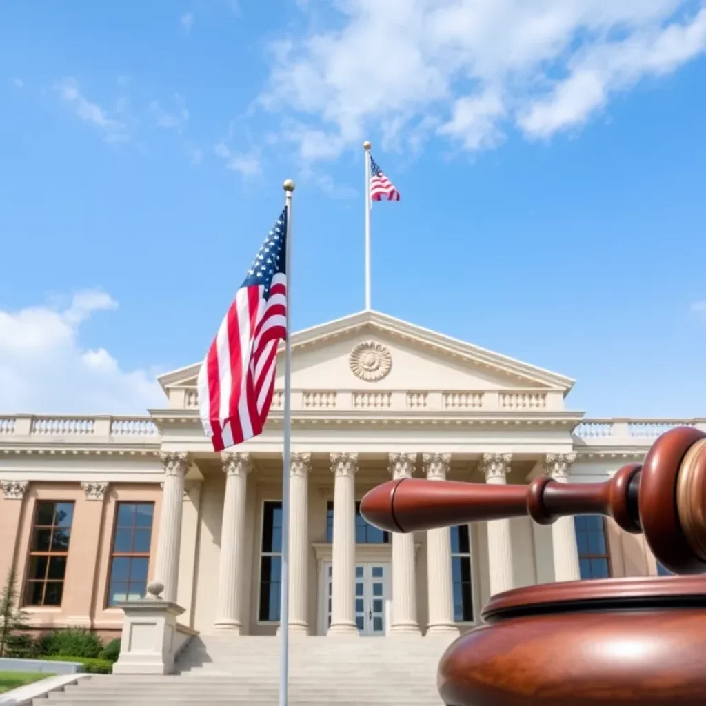 Exterior view of the Knoxville courthouse with a gavel symbolizing justice.