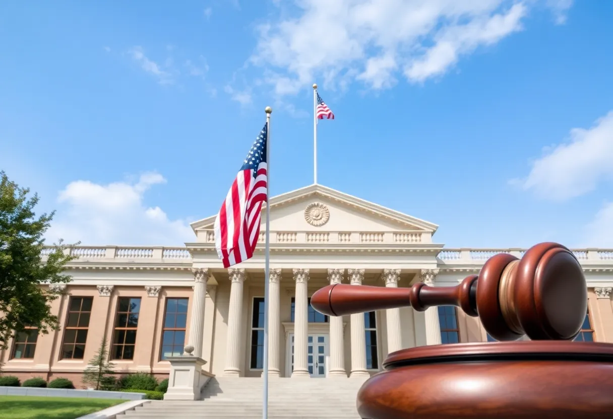 Exterior view of the Knoxville courthouse with a gavel symbolizing justice.