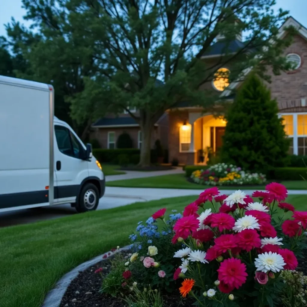 Suburban home with delivery truck and flower bed