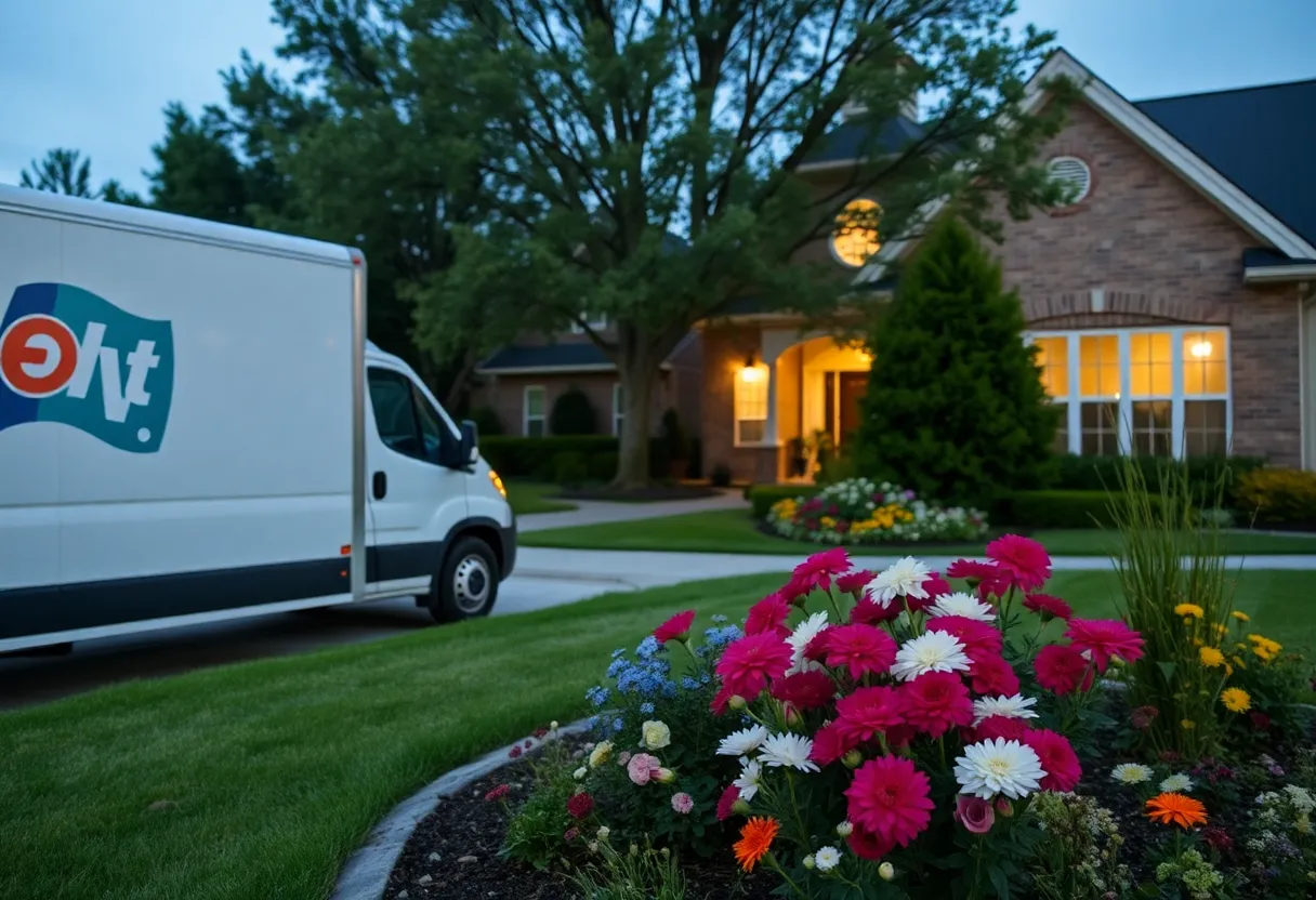 Suburban home with delivery truck and flower bed