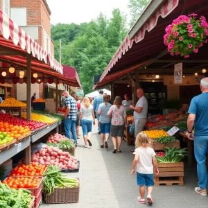 A bustling farmers market in Knoxville with fresh produce and happy families.