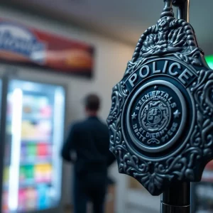 A police badge in front of a convenience store representing misconduct