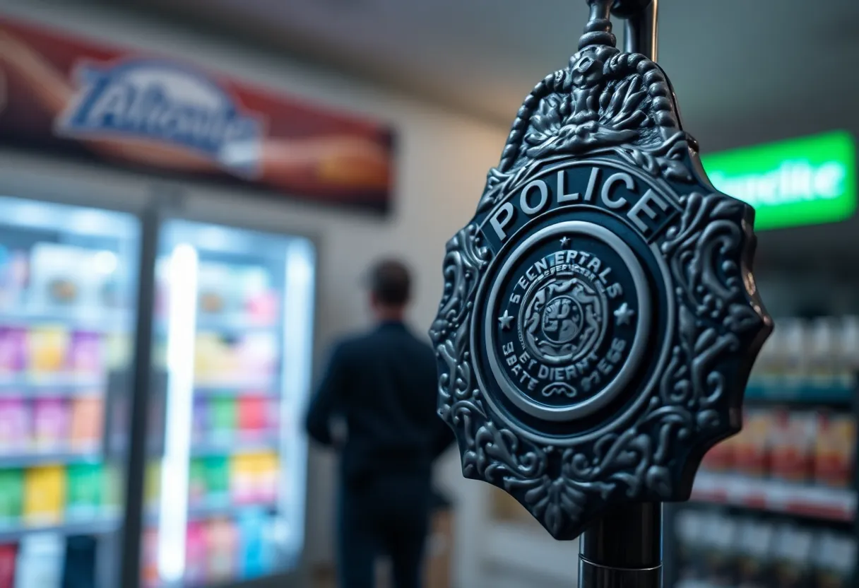 A police badge in front of a convenience store representing misconduct