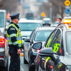Police officers conducting a sobriety checkpoint on a city road.