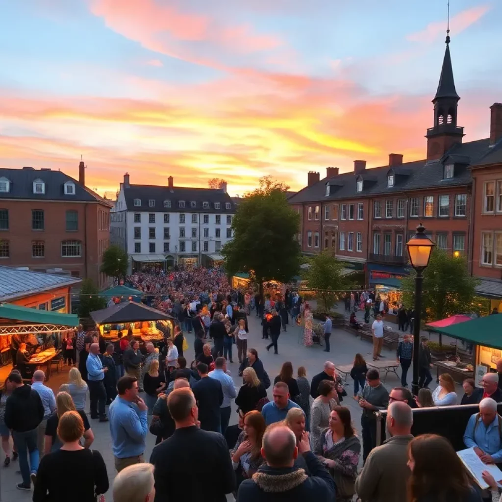 Gathering at Market Square for a literary event at sunset